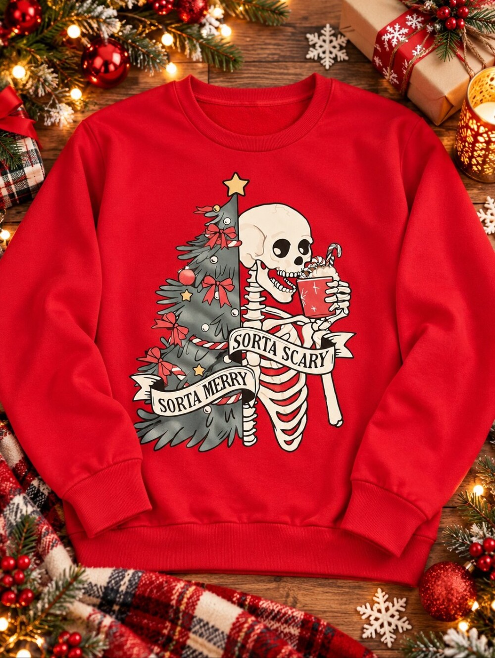 SHEIN Sorta Merry Sorta Scary Skeleton Christmas Sweatshirt Red L